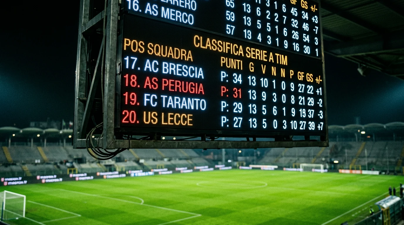 Zona baja de la clasificación de la Serie A con cuotas de descenso