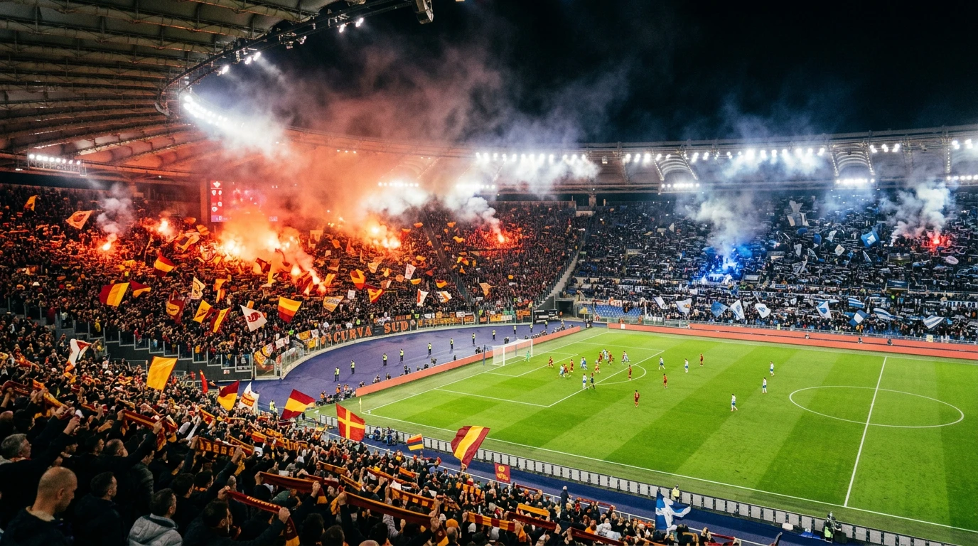 Ambiente de derbi en un estadio italiano de la Serie A con aficionados rivales