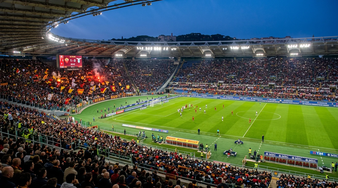 Estadio de fútbol de Serie A italiano visto desde las gradas con público y campo verde
