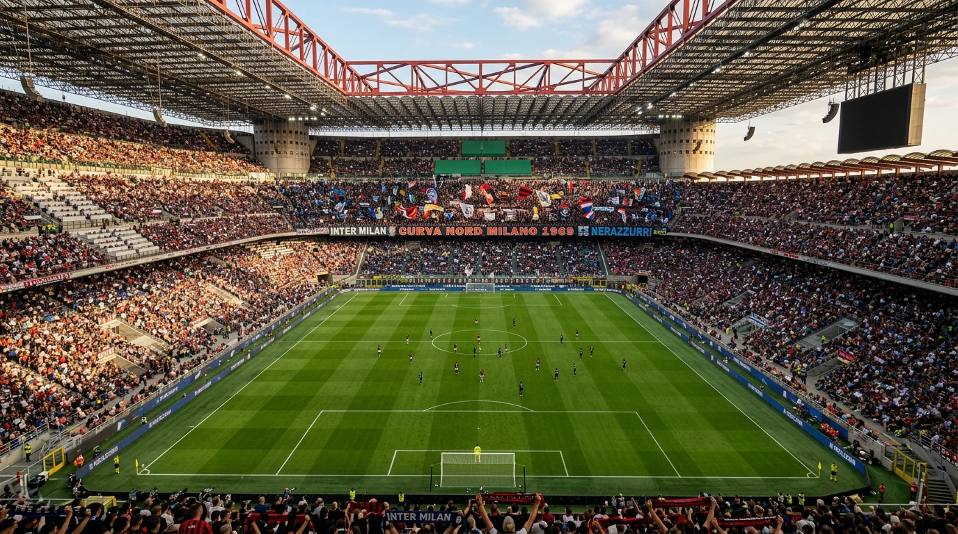 Estadio de fútbol italiano durante un partido de Serie A con grada llena
