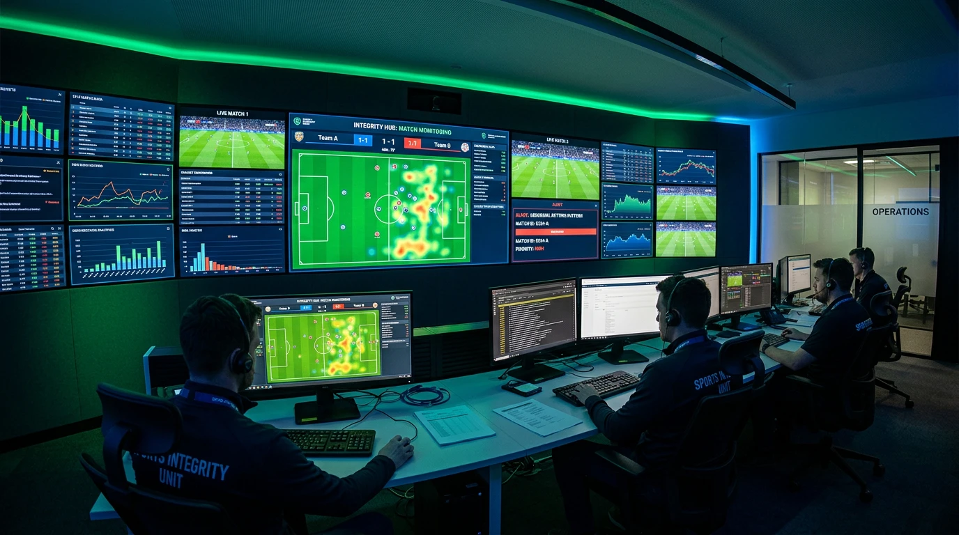 Sala de monitoreo con pantallas mostrando datos de partidos de fútbol de la Serie A italiana