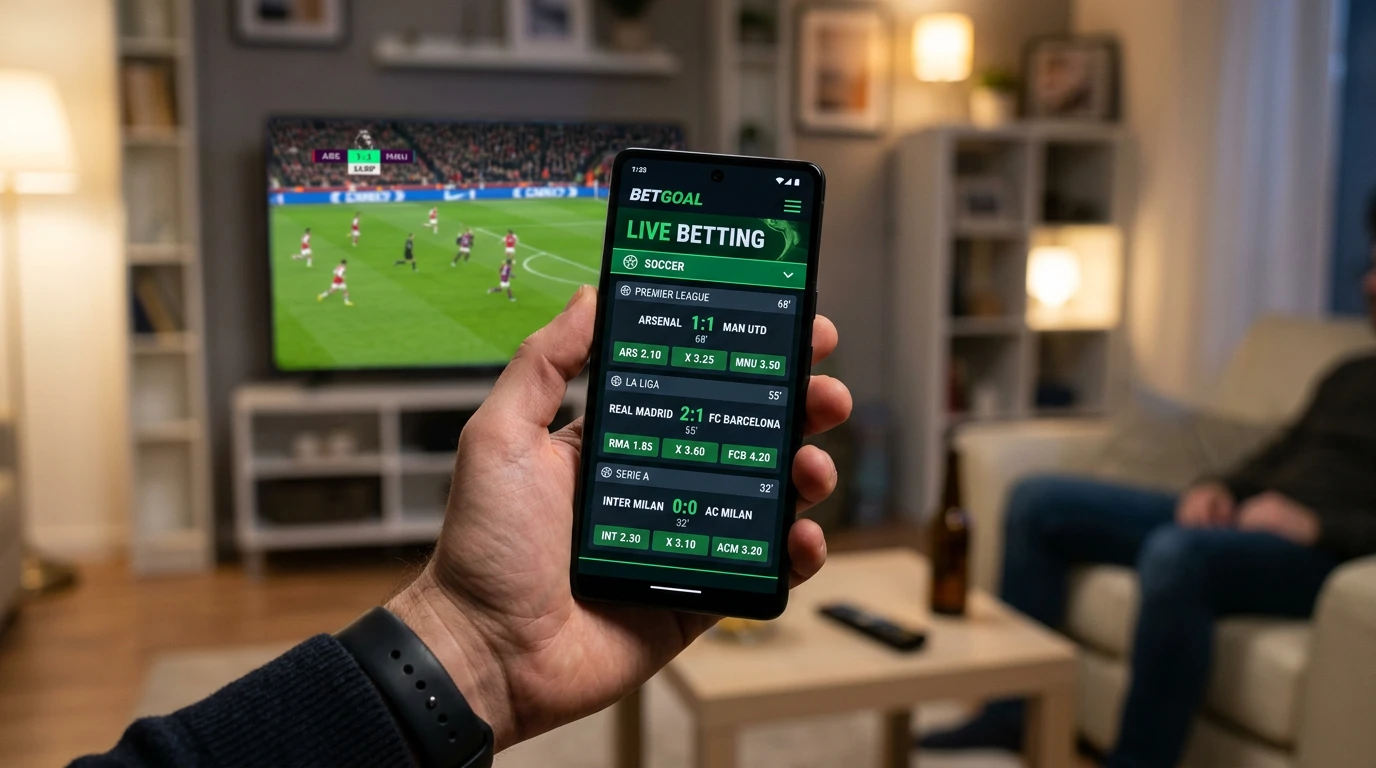 Teléfono móvil mostrando una aplicación de apuestas deportivas con partidos de fútbol