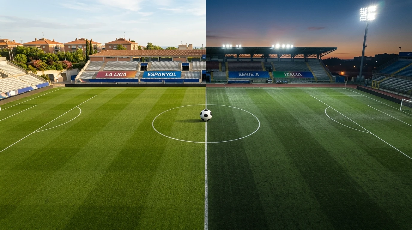 Campo de fútbol dividido con colores de la Serie A italiana y La Liga española para comparativa de apuestas